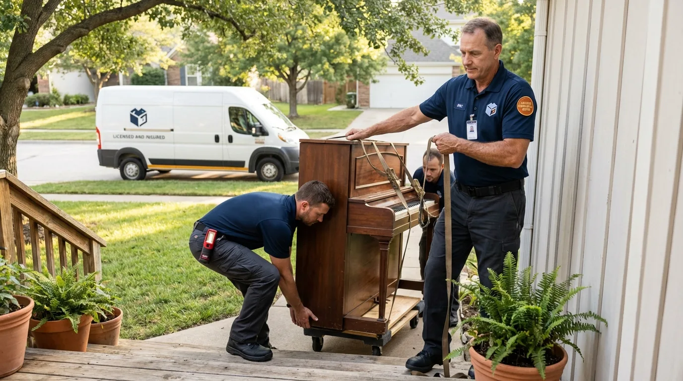 Licensed piano movers securing grand piano in Gifford, IL