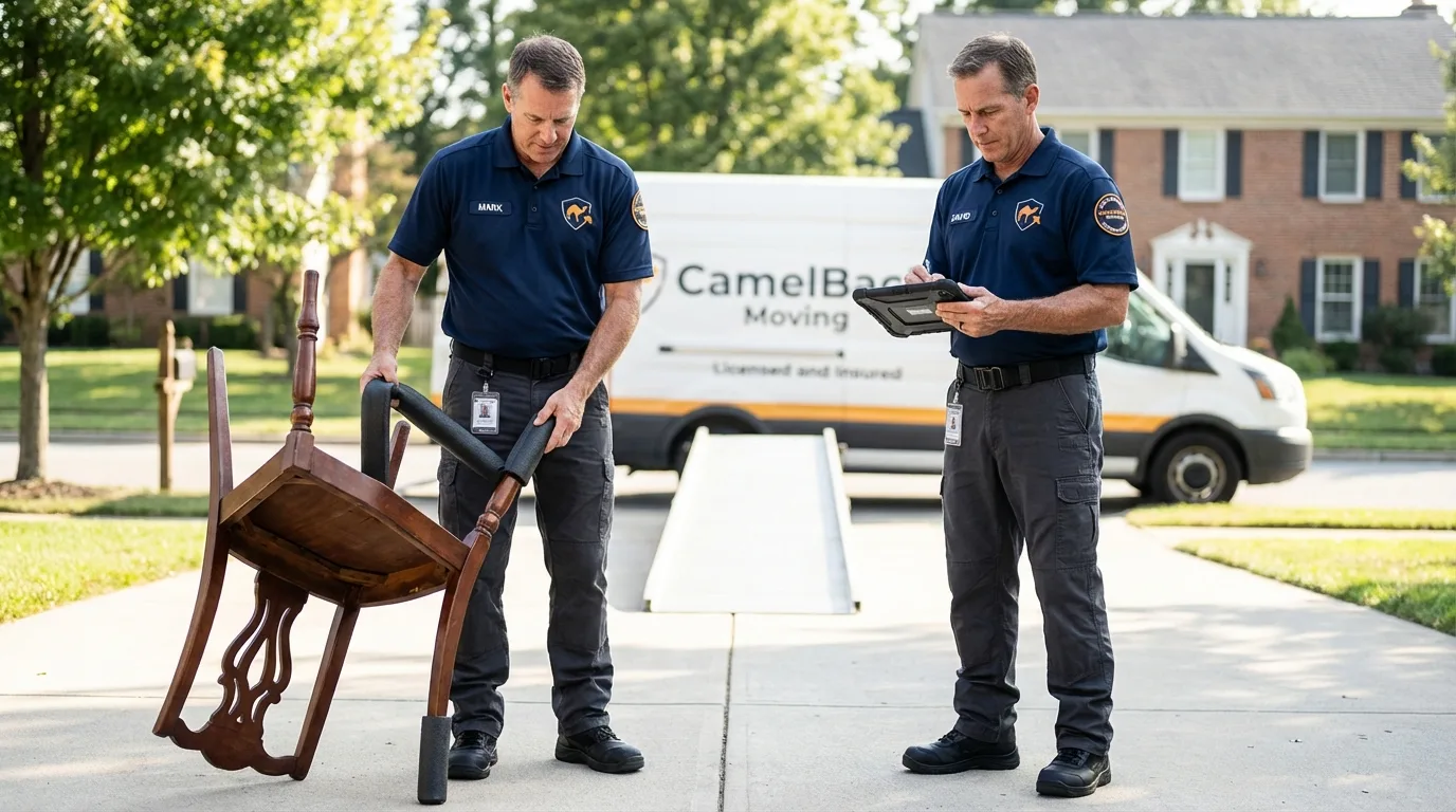 Movers inspecting furniture for damage prevention before loading in Gifford, IL