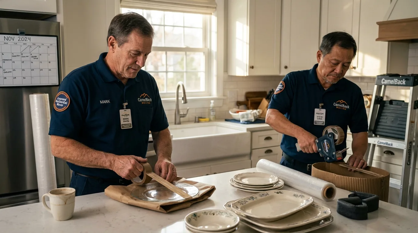 Professional crew packing kitchen dishware in Gifford, IL